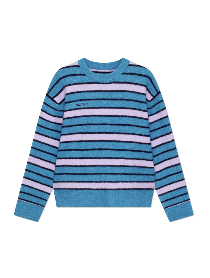 Blue and pink striped knit sweater with crew neck and long sleeves, featuring subtle logo text on chest