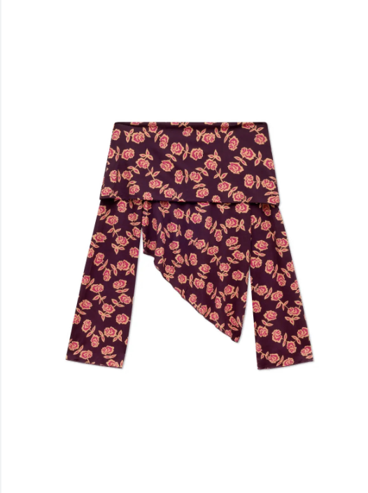 Dark burgundy top with coral rose print pattern