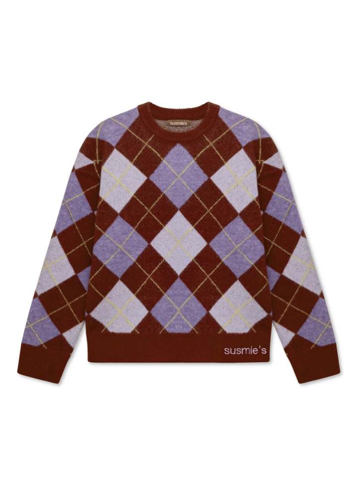 Brown and purple argyle knit sweater with diamond pattern and yellow accent lines, featuring SUSMIE'S branding