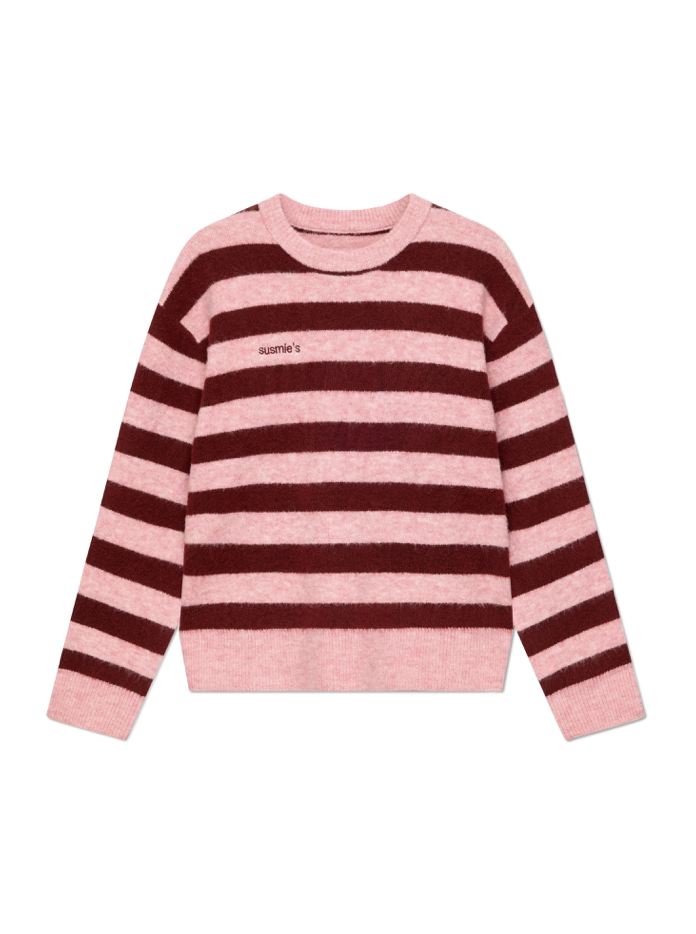 Pink and brown striped knit sweater with susmie's embroidered text on chest, crew neck, and ribbed cuffs