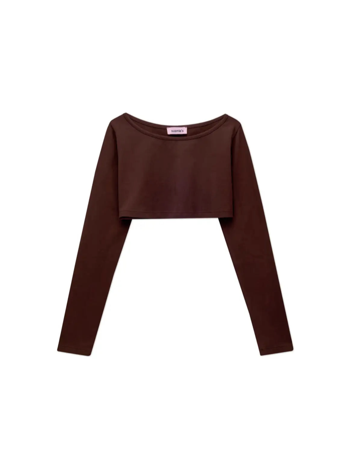 Brown long sleeve crop top in soft stretchy fabric with boat neckline