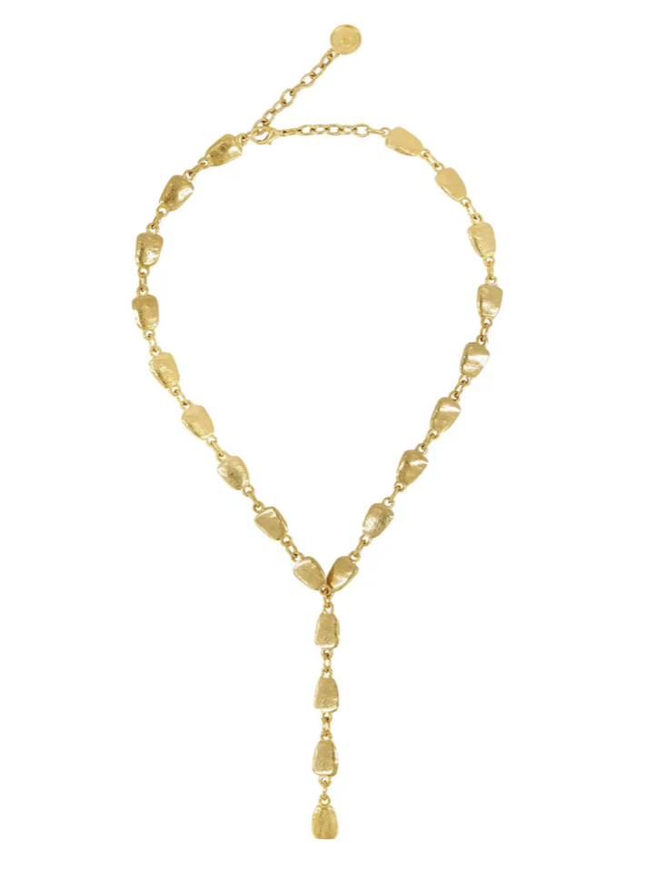 Gold statement necklace with textured oval links and cascading Y-drop pendant design