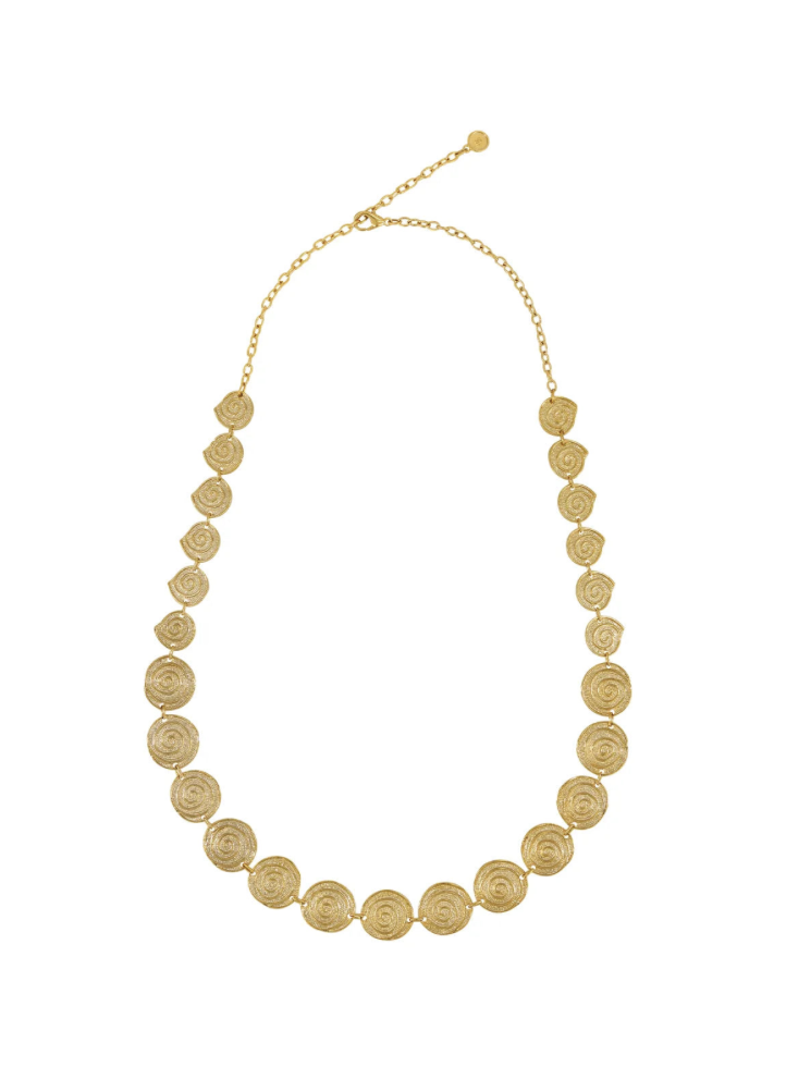 Gold coin medallion necklace with spiral design discs and adjustable chain clasp