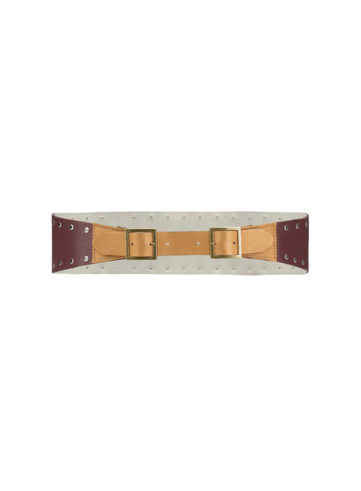 Wide color-block leather belt with double brass buckles and rivet details in cream, tan, and burgundy