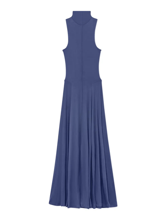 Navy blue sleeveless turtleneck maxi dress with fitted bodice and flowing pleated skirt in soft jersey fabric