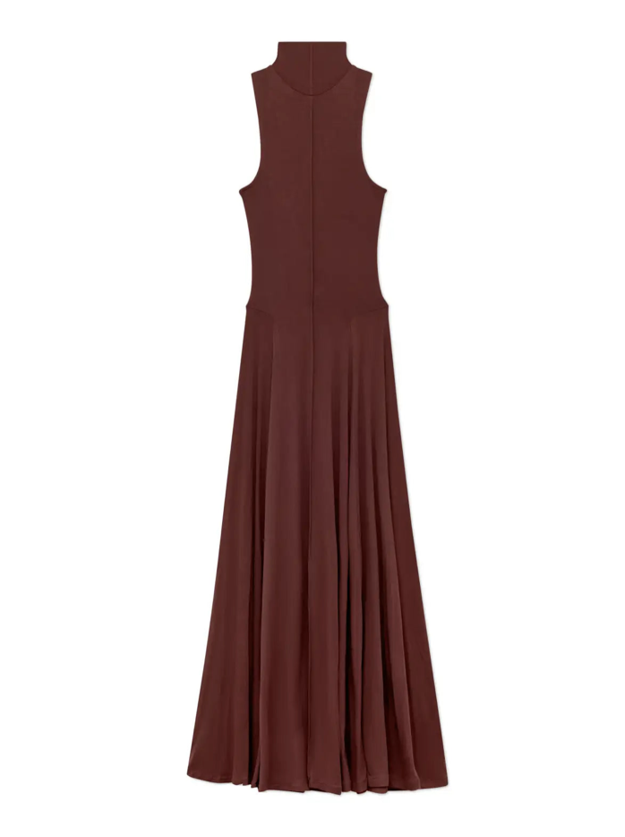 Sleeveless burgundy maxi dress with mock neck and flared skirt in flowing fabric