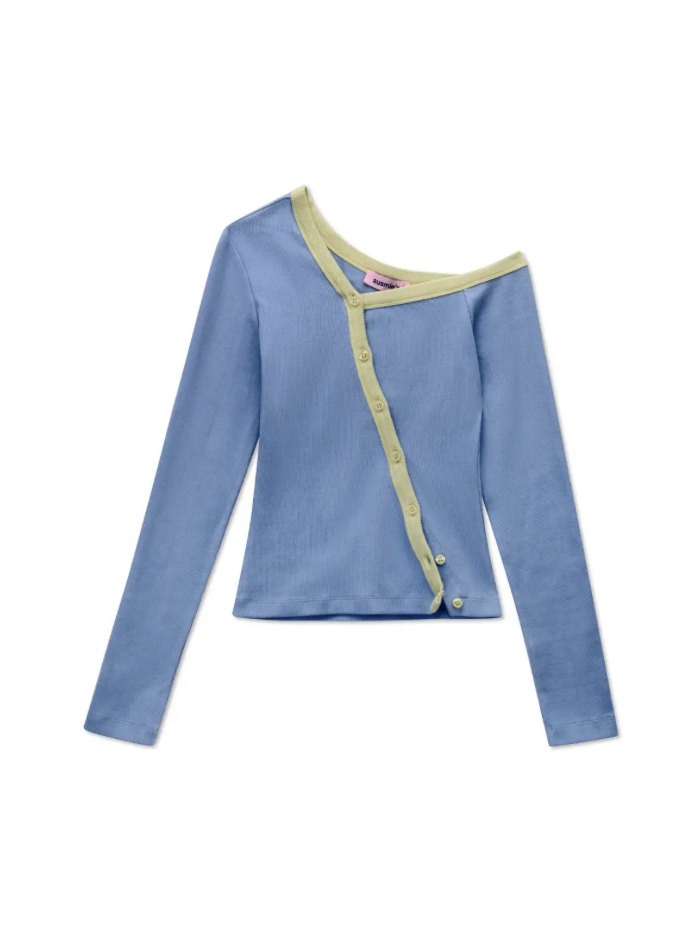 Blue ribbed cardigan with yellow contrast trim and asymmetrical button closure, laid flat on white background