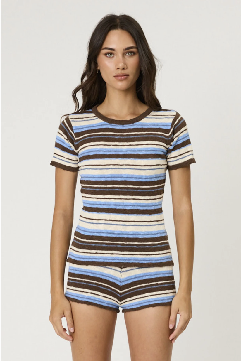Striped knit lounge set with short-sleeve top and shorts in blue, brown, and cream horizontal stripes