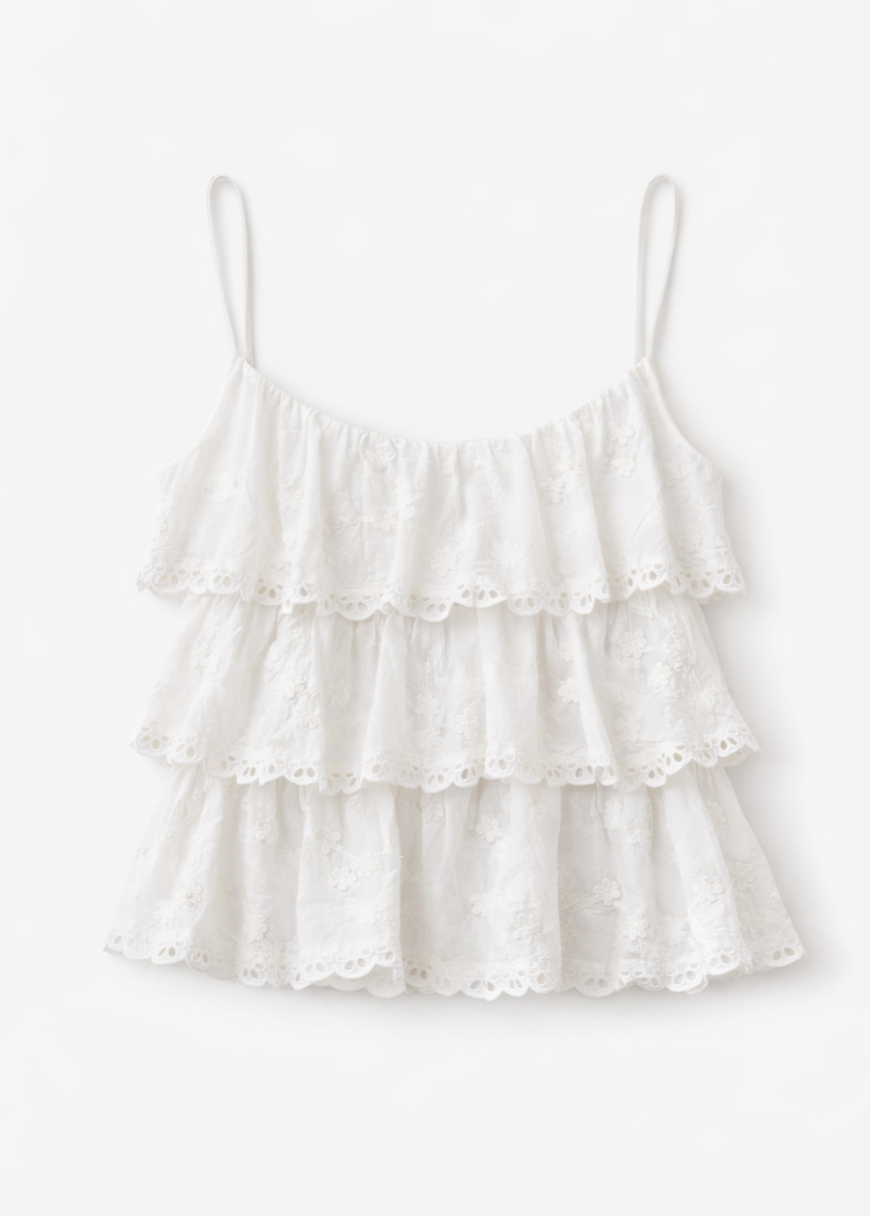 White eyelet lace tiered ruffle cami top with thin spaghetti straps and scalloped edges
