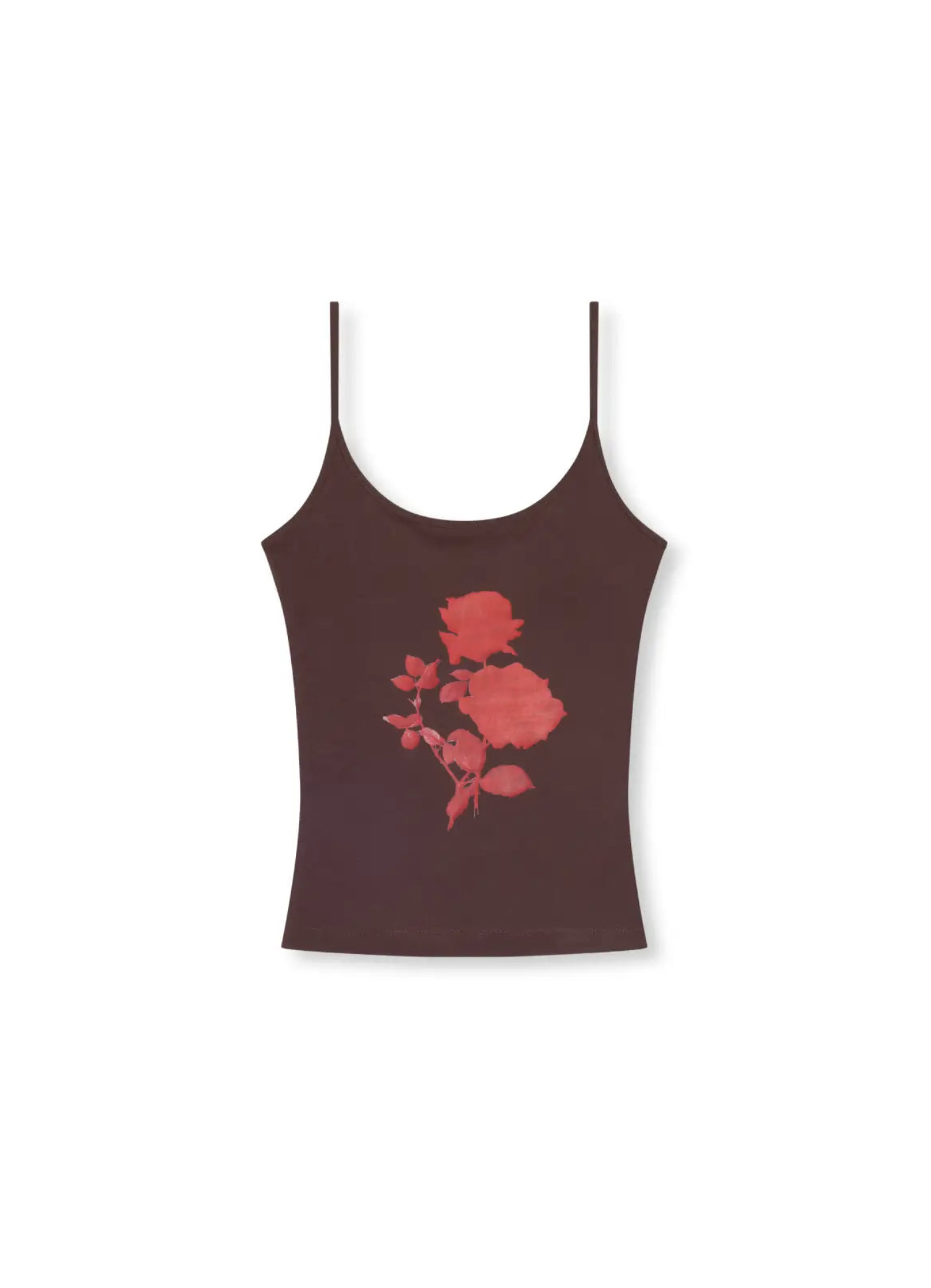Brown camisole tank top with pink rose graphic print on front, featuring thin spaghetti straps and fitted silhouette