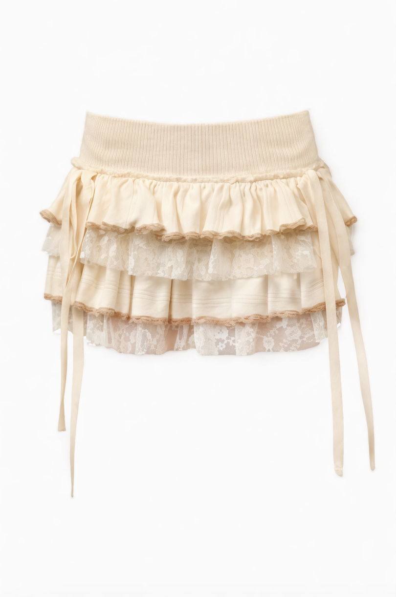 Cream-colored tiered ruffle skirt with ribbed waistband and side tie details in mixed lace and cotton fabrics