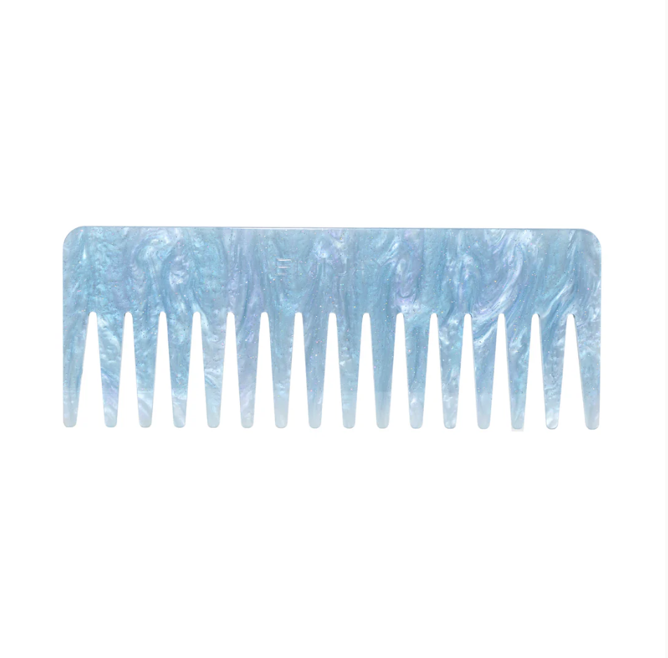 Light blue marbled resin wide-tooth comb with rounded edges and evenly spaced teeth for detangling hair