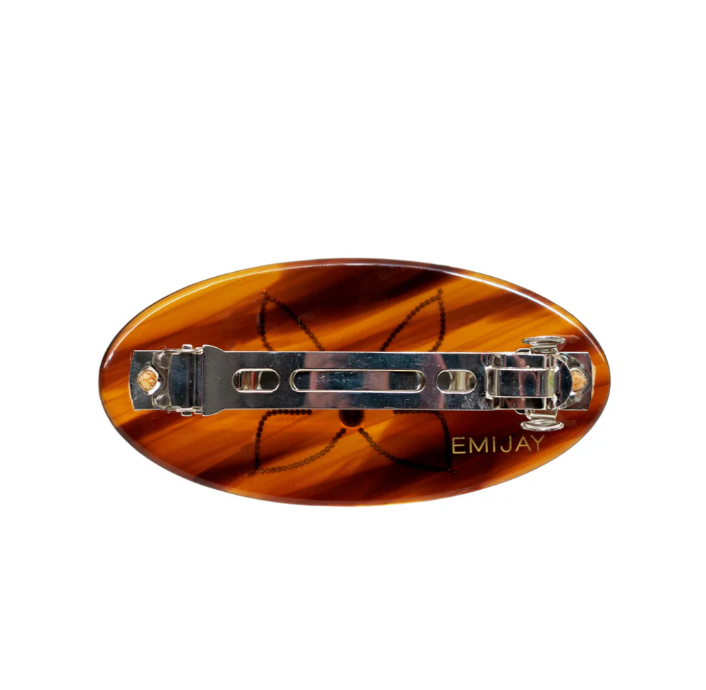 Tortoiseshell brown oval hair clip with silver metal clasp and EMIJAY branding, showing decorative pattern on top