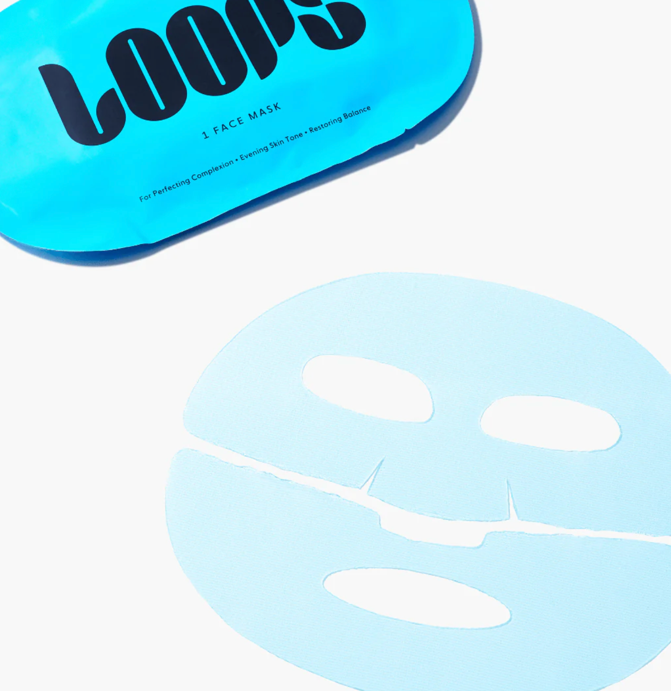 Light blue sheet face mask with turquoise packaging displaying "boobs" branding and product benefits for evening skin tone
