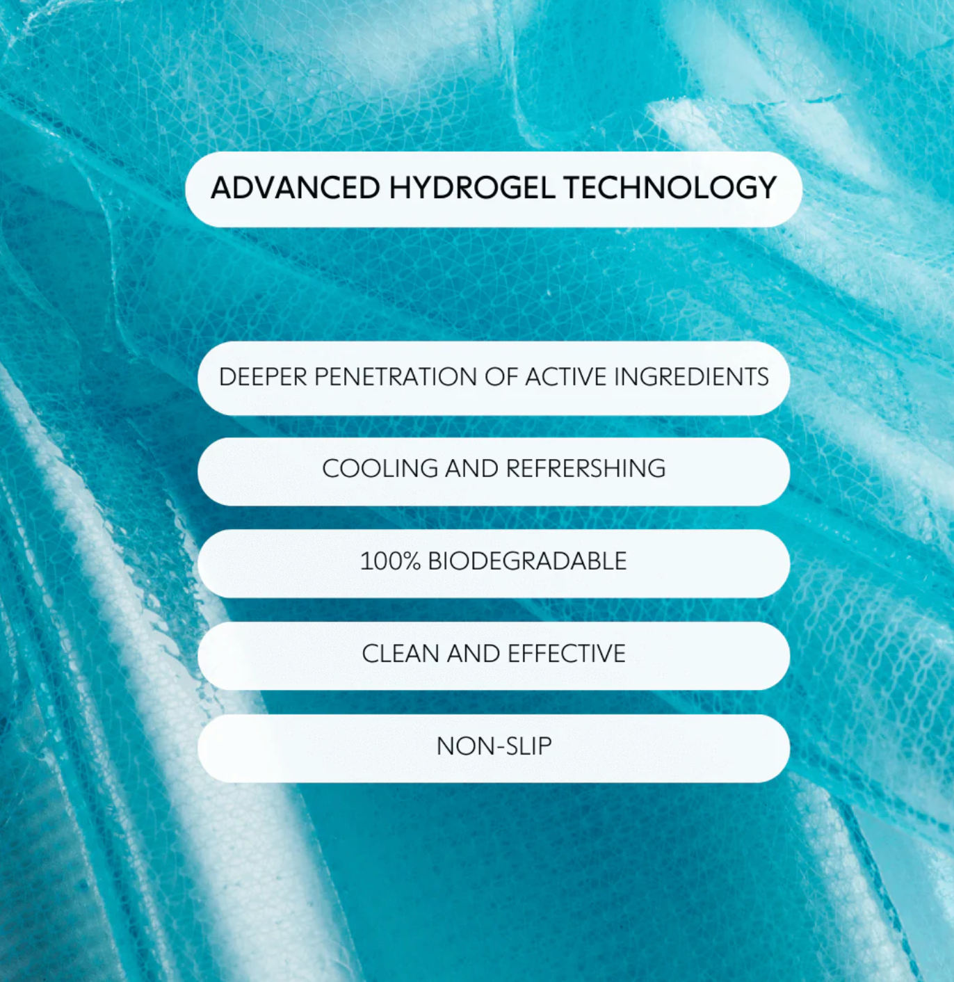 Turquoise hydrogel beauty mask sheet with white text labels listing product benefits including cooling, biodegradable, and non-slip features