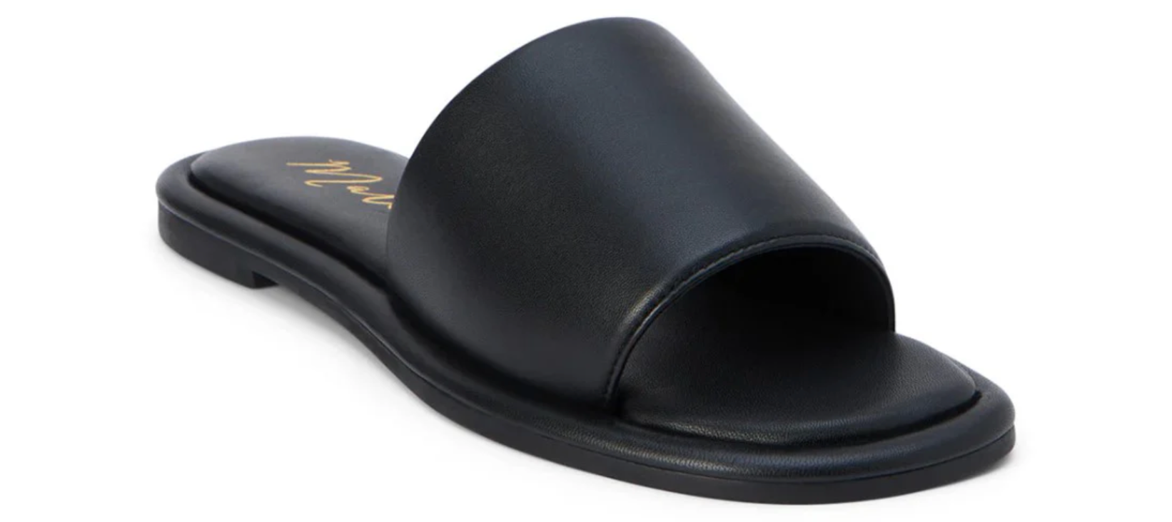 Black leather slide sandal with padded strap and gold script logo on flat sole, shown from side angle