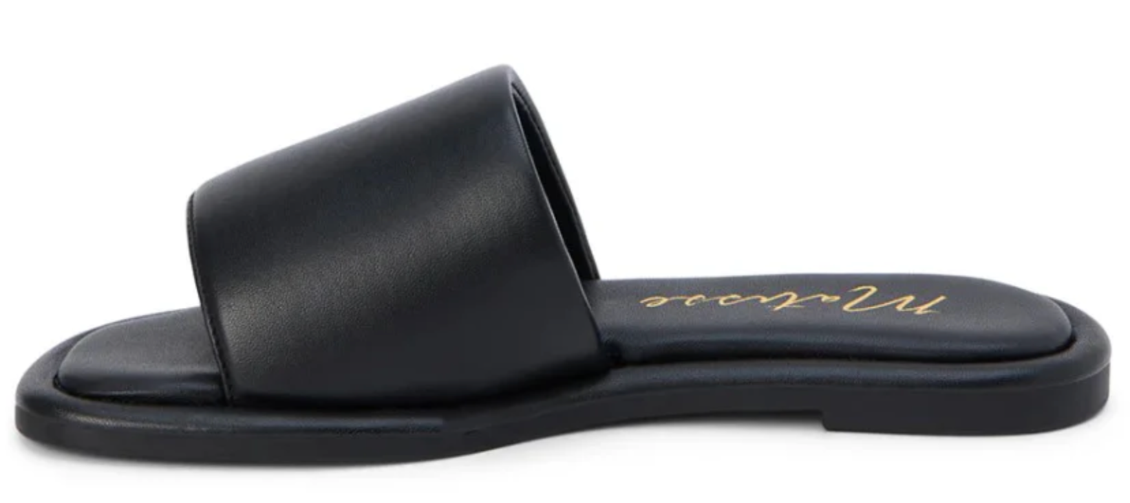 Black leather slide sandal with gold script logo on footbed, side view on white background