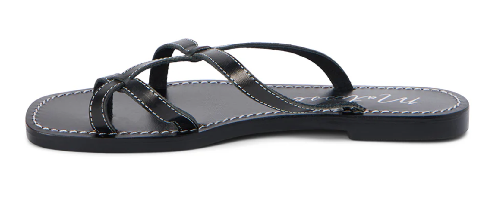 Black leather strappy sandal with white contrast stitching and flat sole, shown from side angle