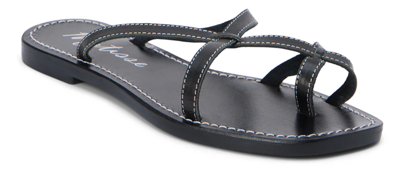 Black leather strappy sandal with white contrast stitching and adjustable ankle strap on flat sole