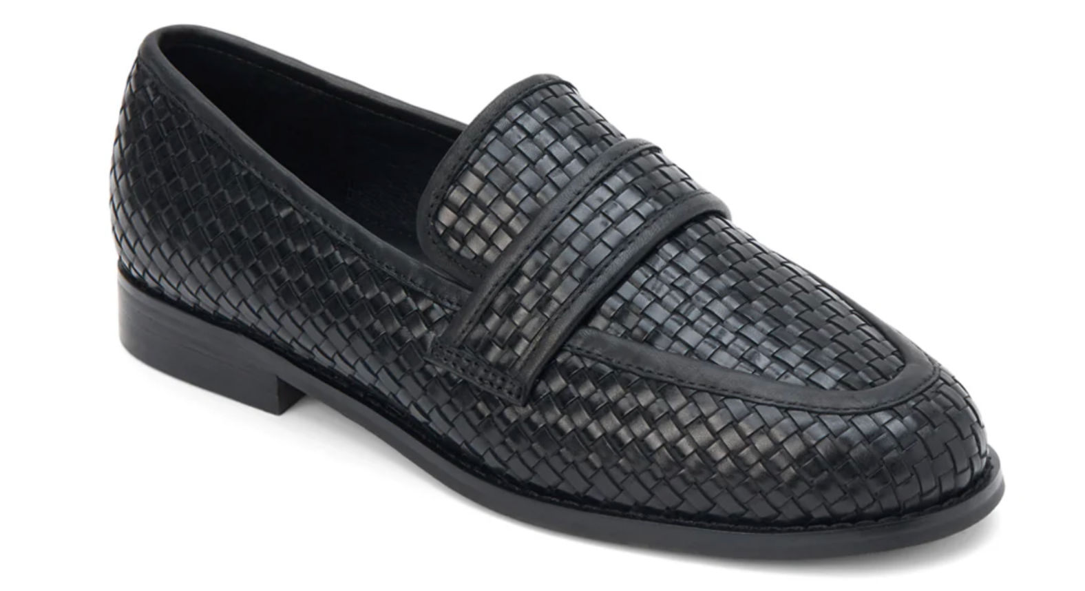 Black woven leather loafer with basket weave texture and low heel on white background