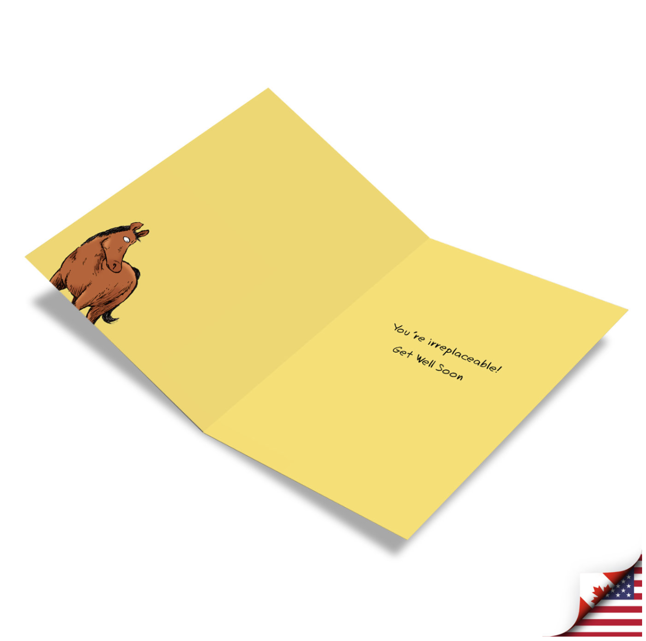 Yellow greeting card with brown gruffalo character illustration and text reading "You're irreplaceable! Get Well Soon"