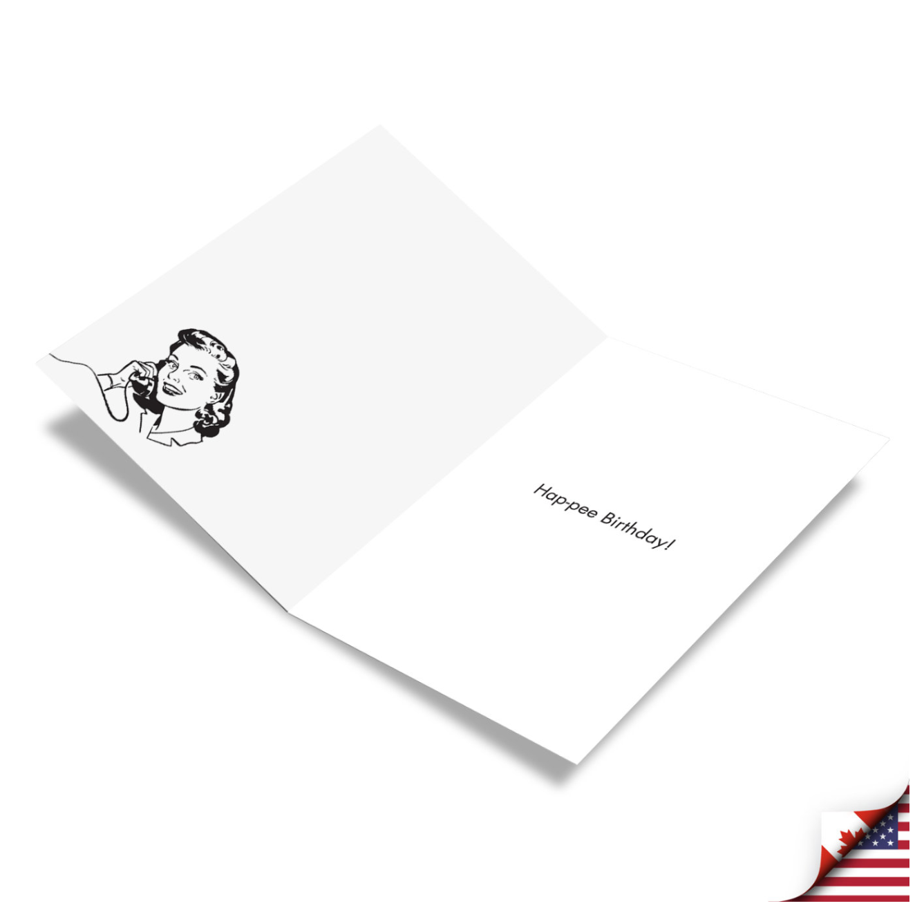 White greeting card with vintage illustration of woman on phone and "Happee Birthday!" text inside