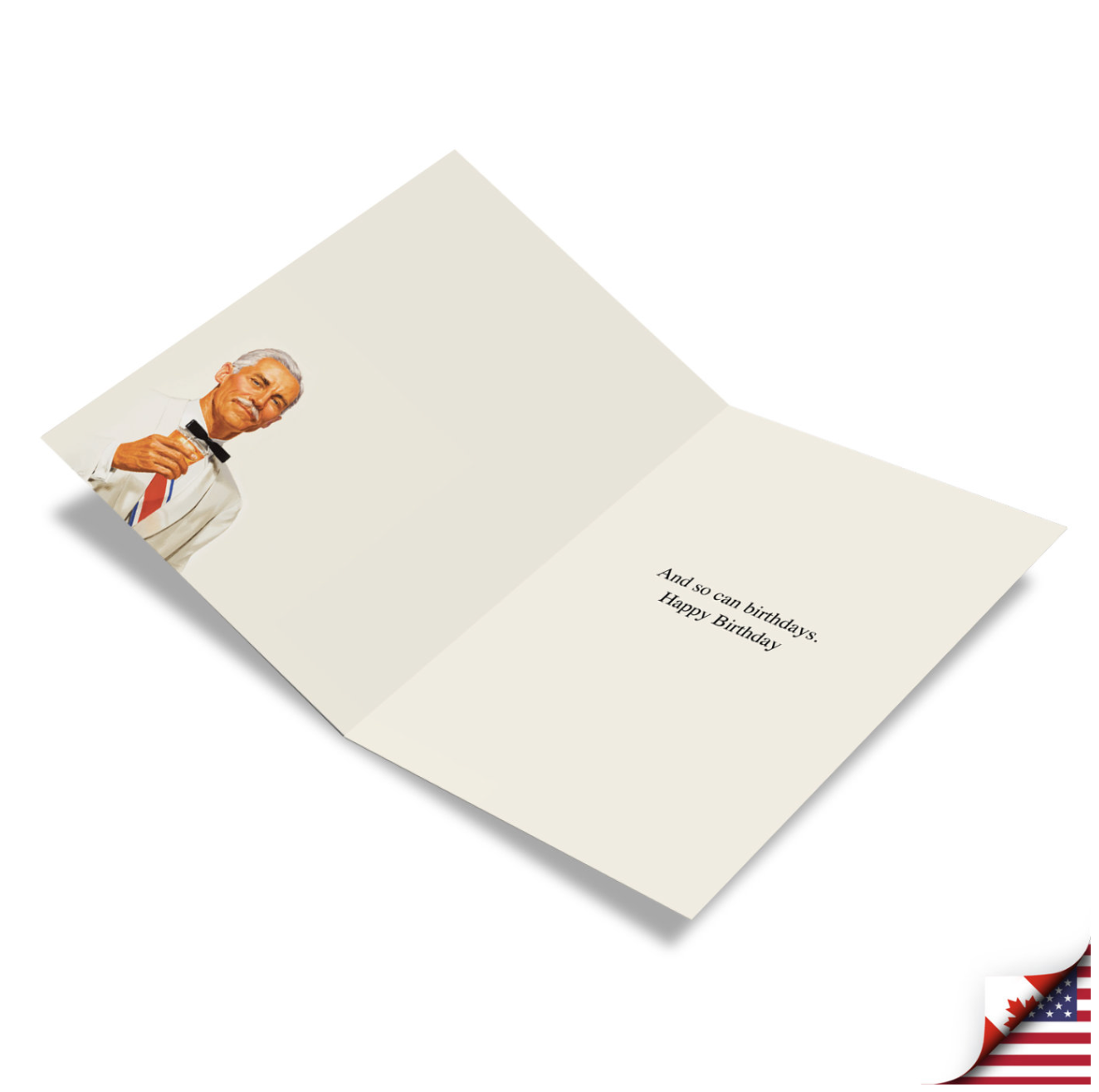 Open cream-colored birthday card featuring an illustrated man in a suit on the left side with text "And so can birthdays. Happy Birthday" on the right