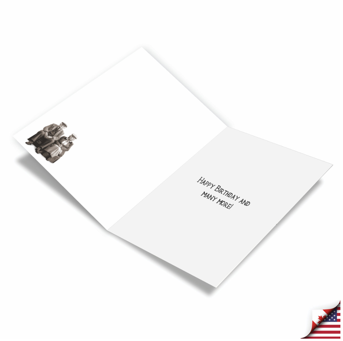 Open white greeting card with elephant image on left panel and "HAPPY BIRTHDAY AND MANY MORE!" text on right panel