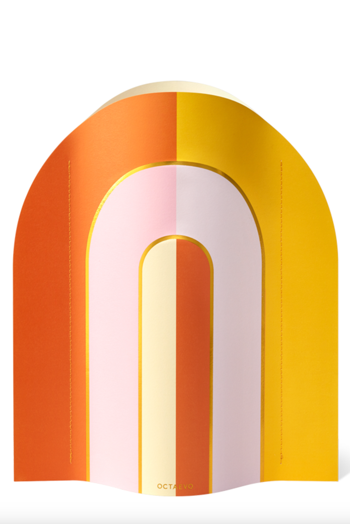 Retro rainbow arch wall art in warm orange and yellow tones with layered geometric design and OCTAEVO branding
