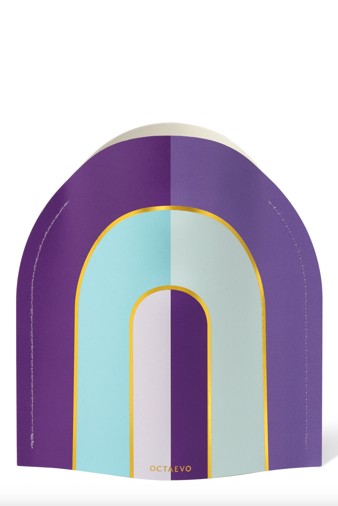 Purple and teal geometric arch-shaped decorative object with gold trim and OCTAEVO branding at base