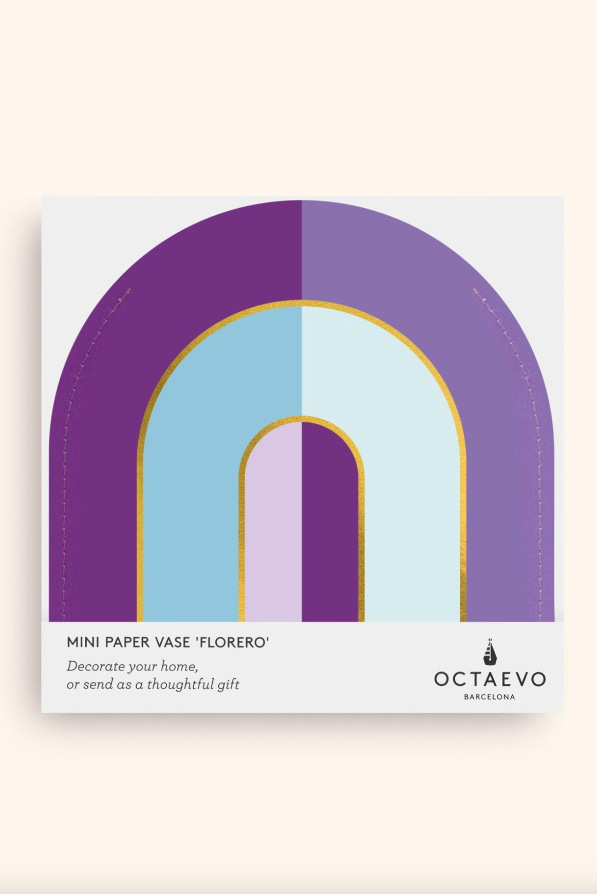 Mini paper vase with purple and blue arch design featuring gold trim, flat-pack decorative item by Octaevo Barcelona
