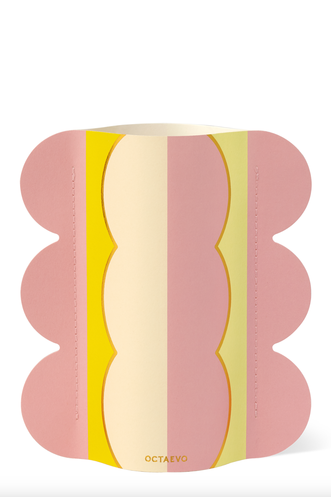 Pink yoga block with yellow and cream striped pattern and wavy scalloped edges, branded Octaevo