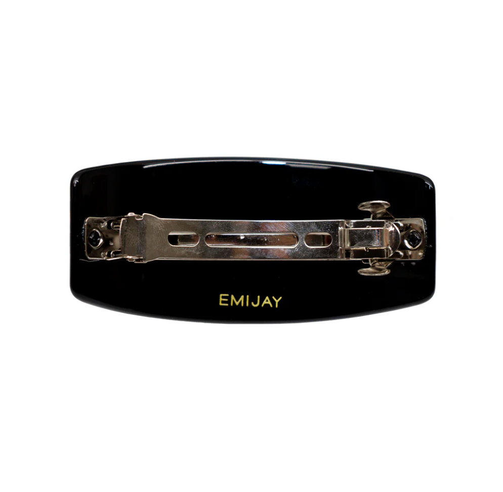 Black glossy hair barrette with silver metal clasp and EMIJAY branding in gold text