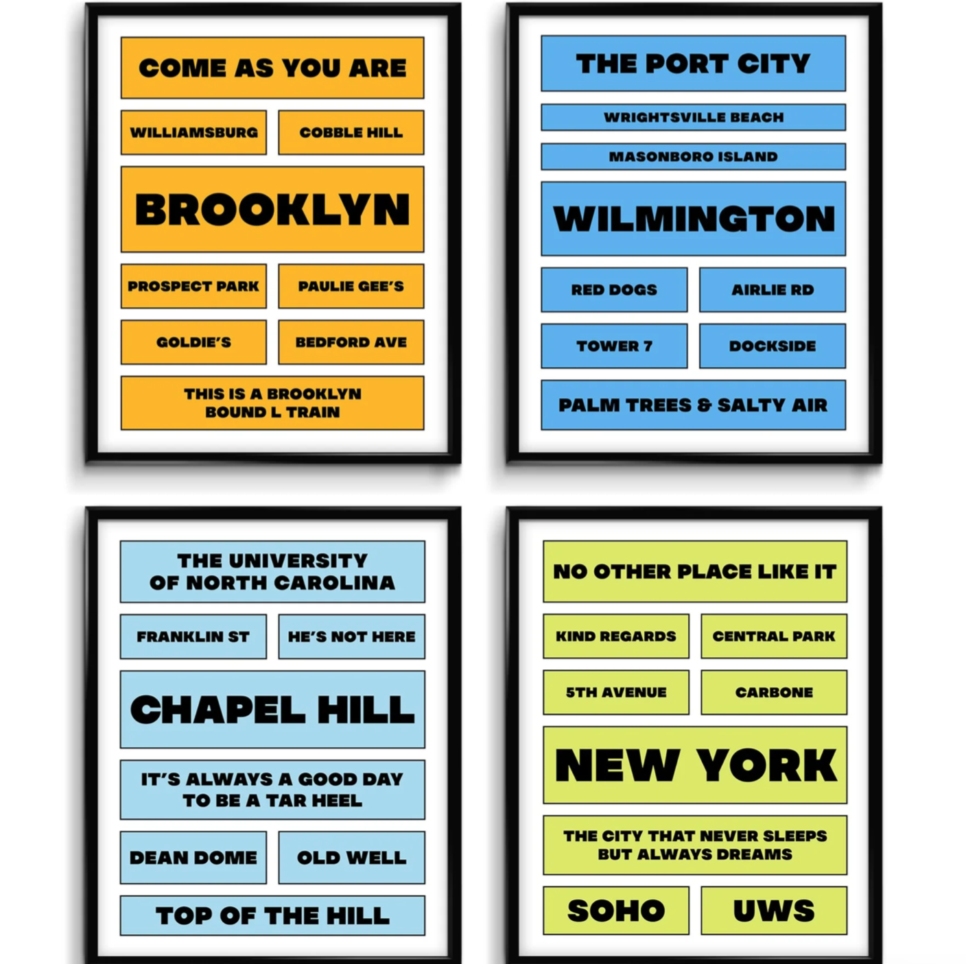Four framed subway-style typographic prints featuring Brooklyn, Wilmington, Chapel Hill, and New York with neighborhood names in orange, blue, and yellow