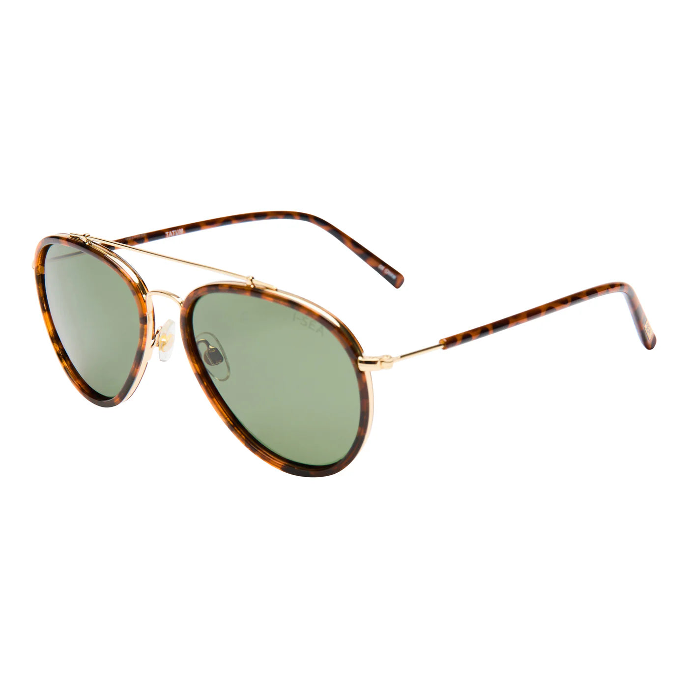 Sunglasses with tortoiseshell frame and green lenses on a white background