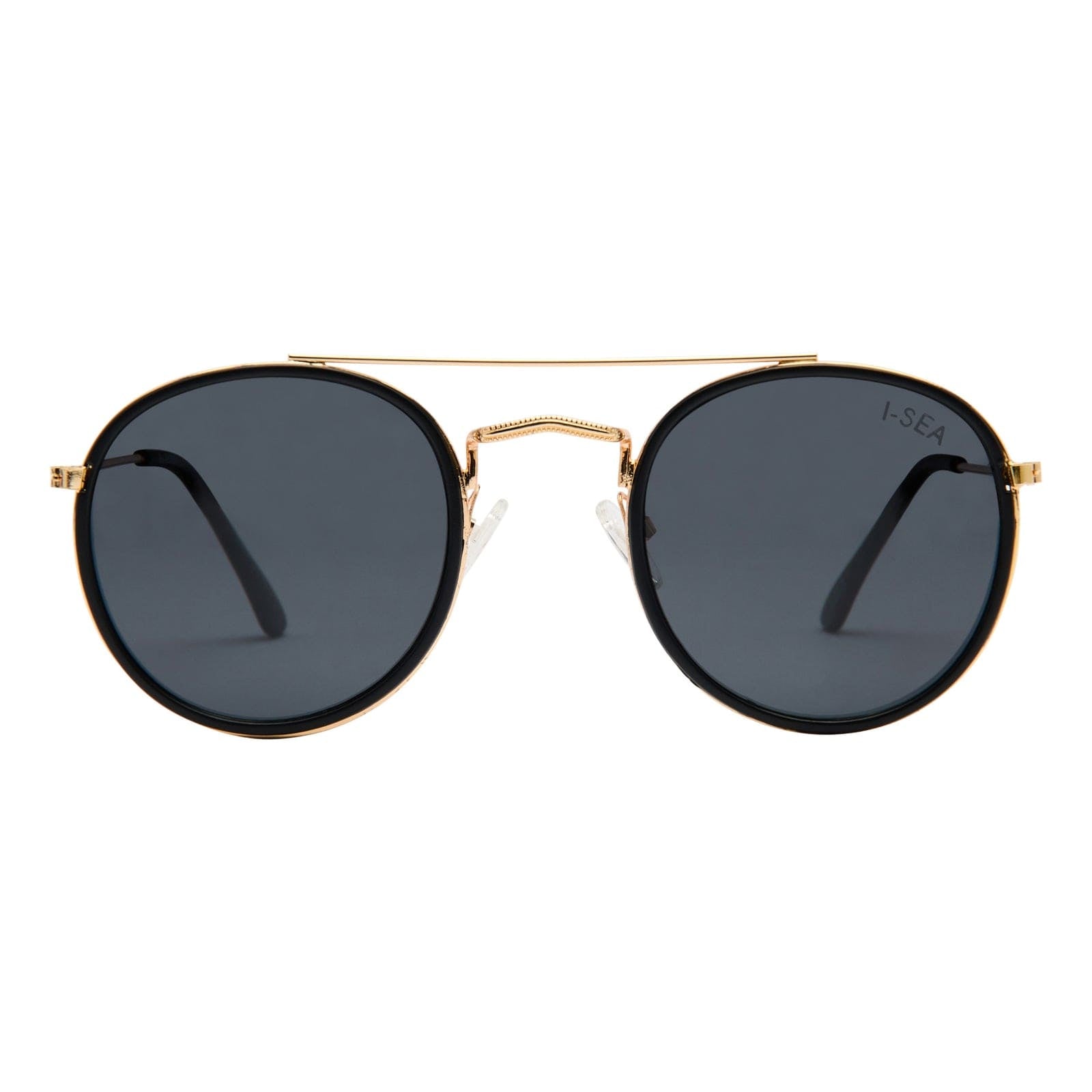 Round sunglasses with black rims, gold metal frame and brow bar, and dark tinted lenses