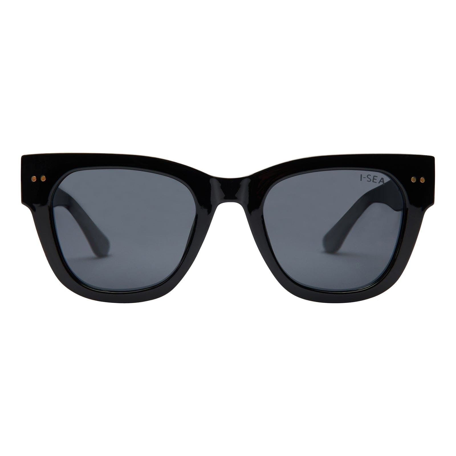 Black sunglasses with dark lenses on a white background
