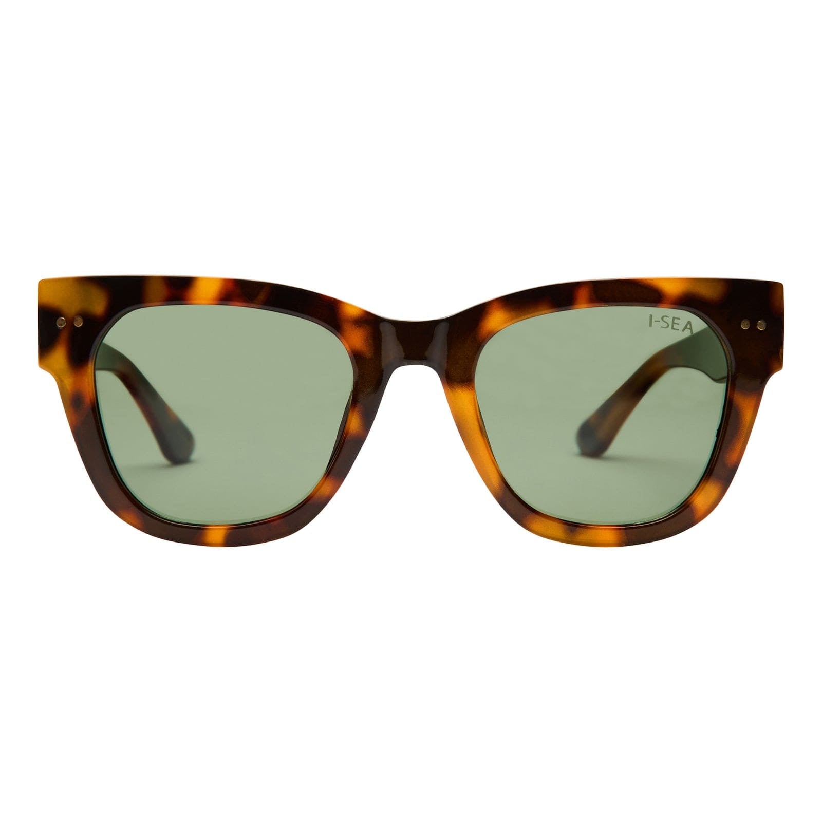 Sunglasses with tortoiseshell frame and green lenses on a white background