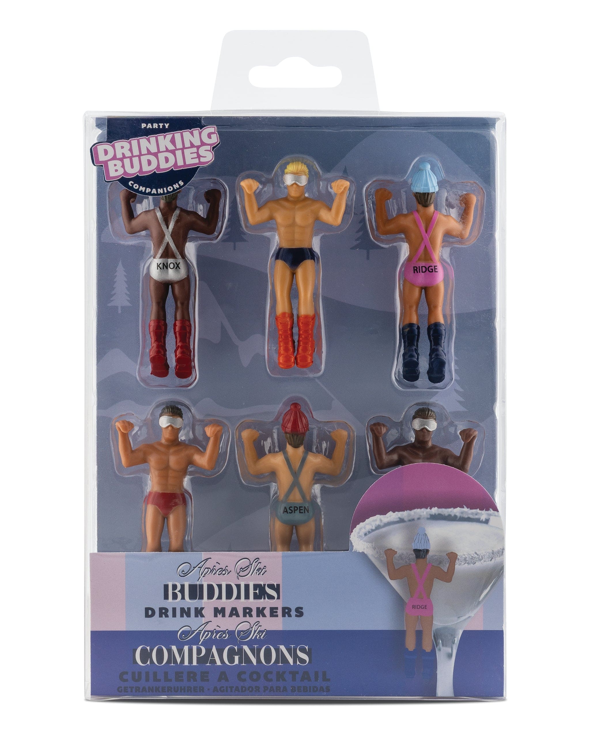 Drinking Buddies Après Ski themed drink markers set of 6 figural party companions in clear plastic package