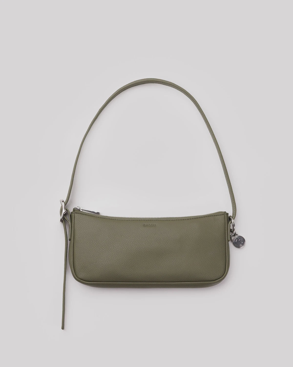 Olive green leather shoulder bag with silver hardware and adjustable strap, featuring textured pebbled finish and zip closure