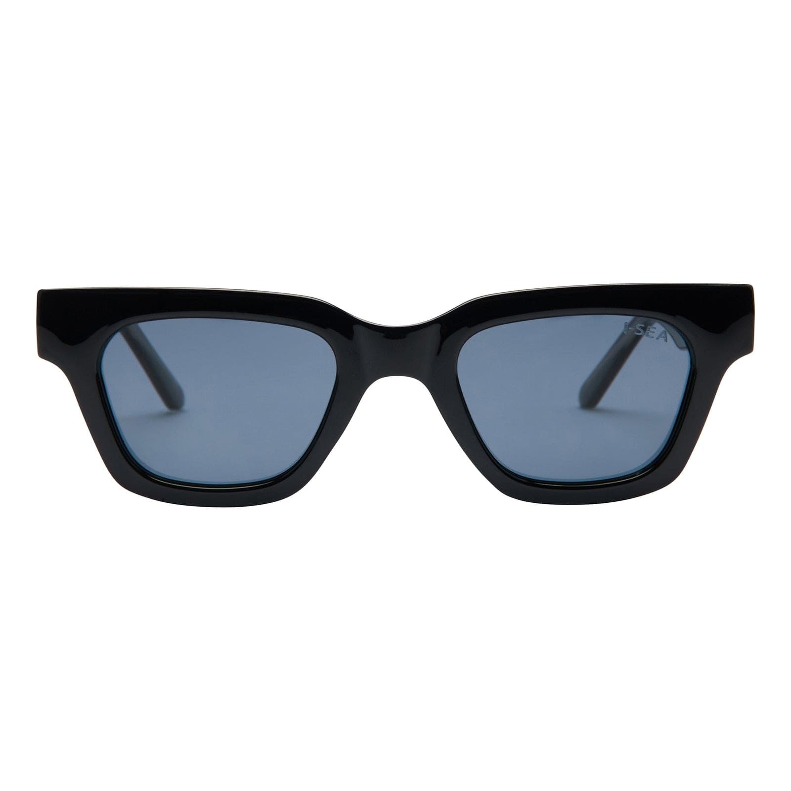 Black sunglasses with blue lenses on a white background
