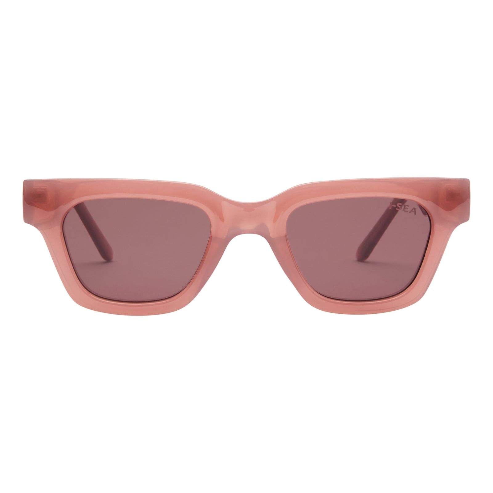 Pink sunglasses with a white background