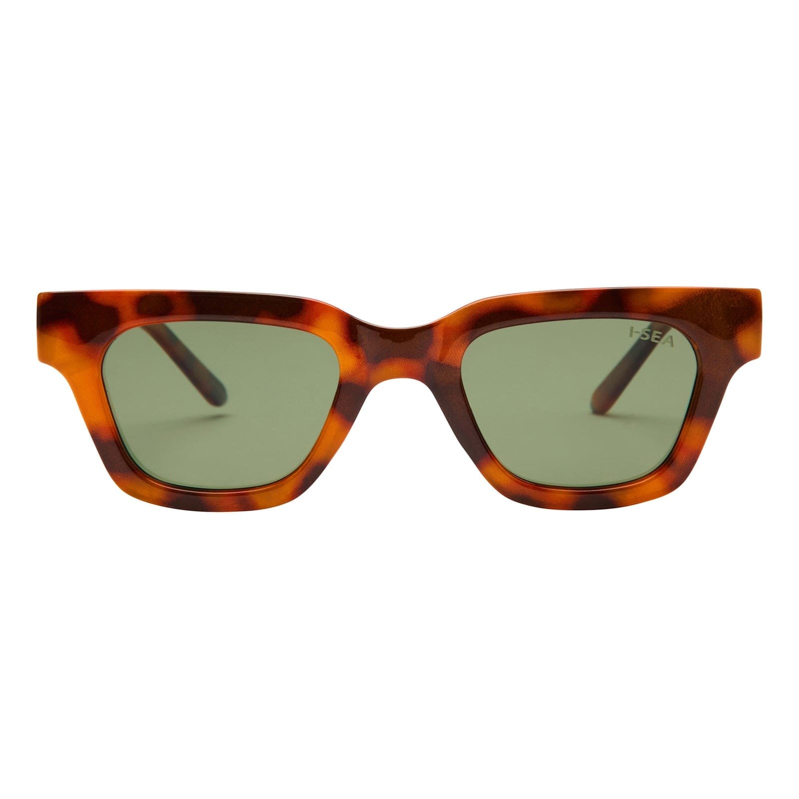 Sunglasses with tortoiseshell frame and green lenses on a white background