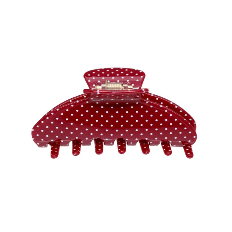 Red polka dot hair claw clip with white dots and metal clasp closure