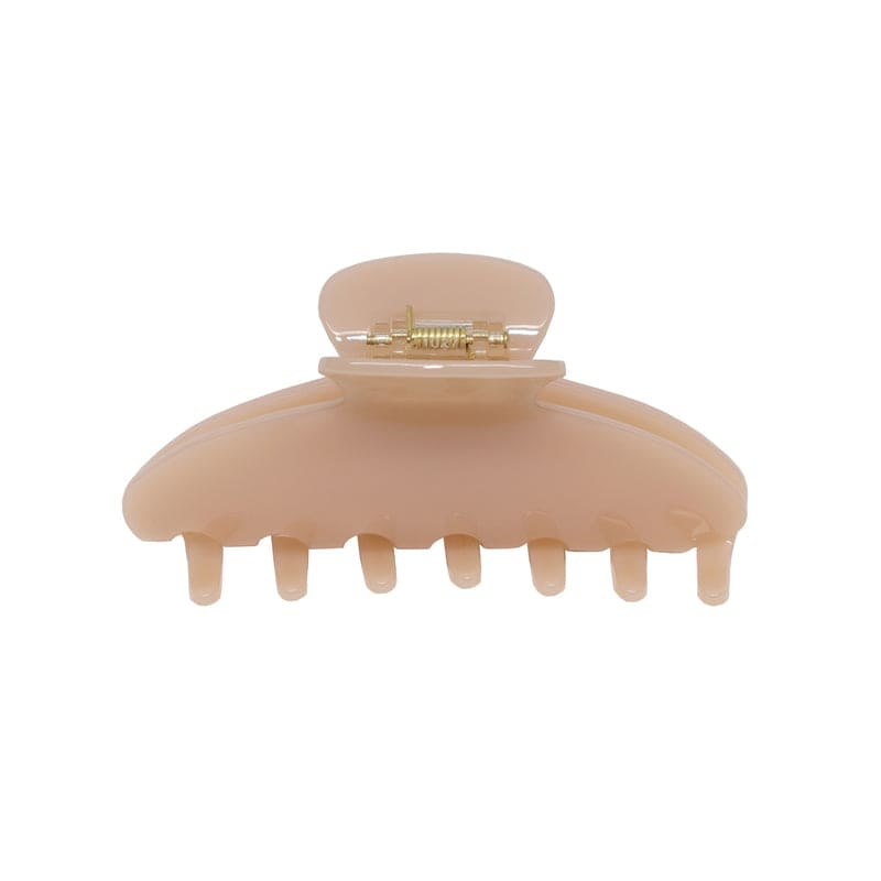 Beige matte plastic hair claw clip with gold metal clasp and curved teeth for securing hair