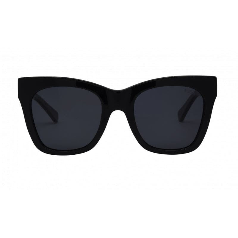 Black sunglasses with dark lenses on a white background