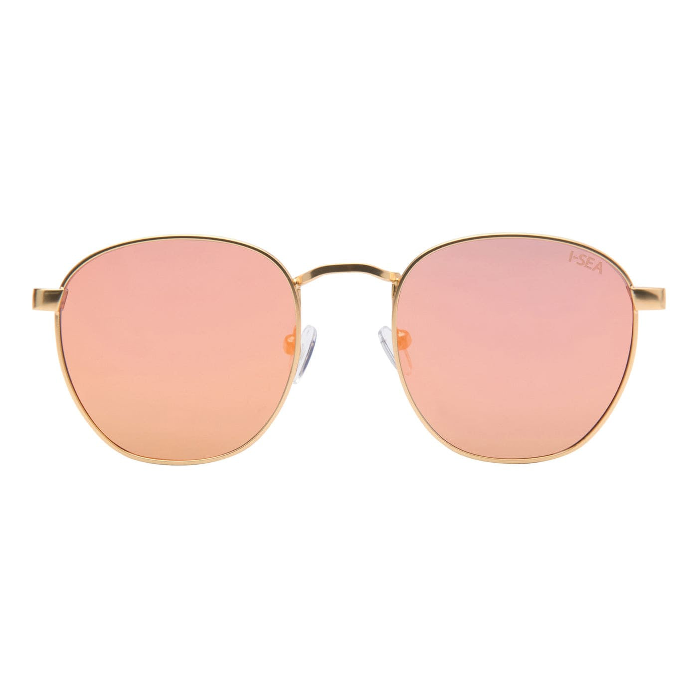 Sunglasses with gold frame and pink lenses on a white background