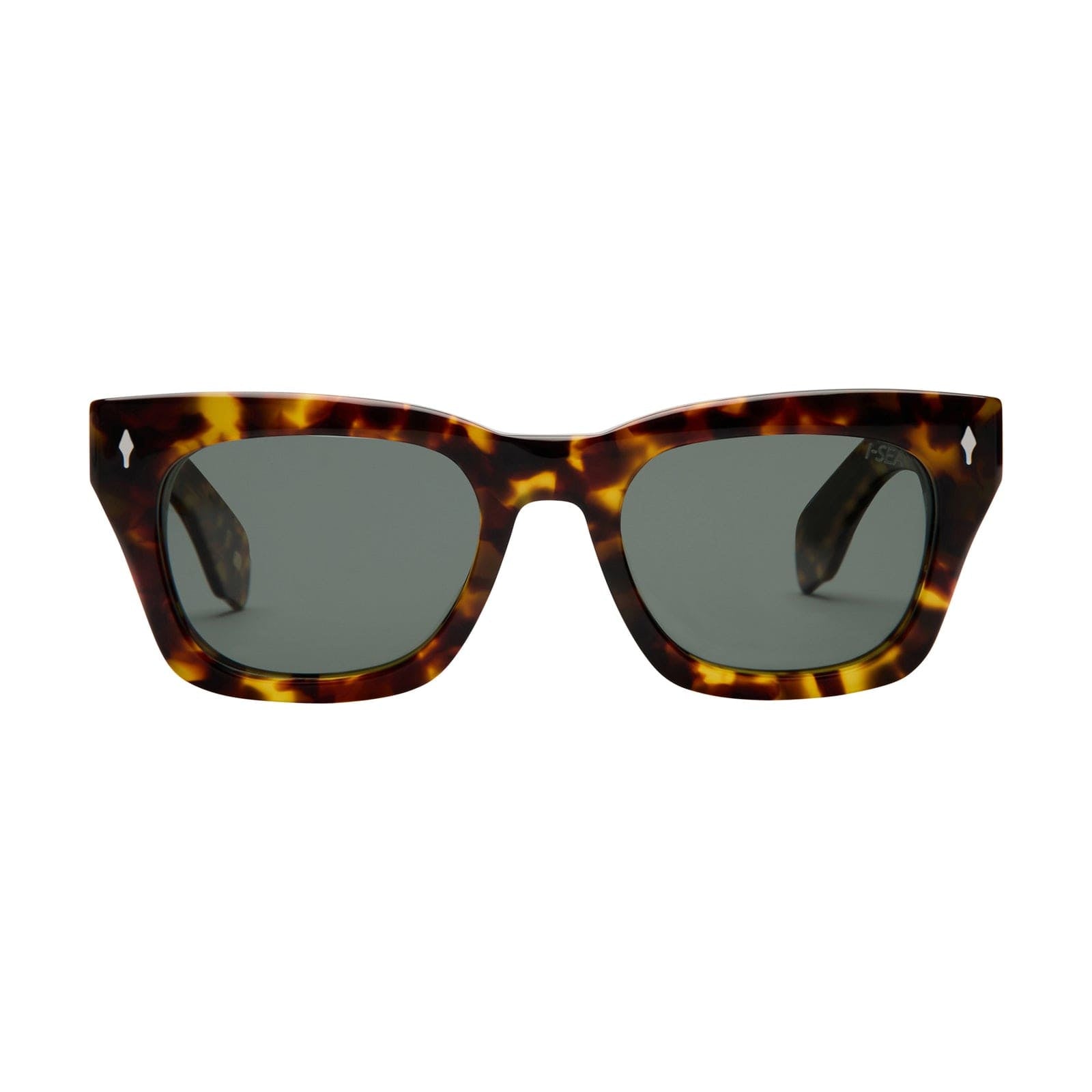 Sunglasses with tortoiseshell frame and dark lenses on a white background