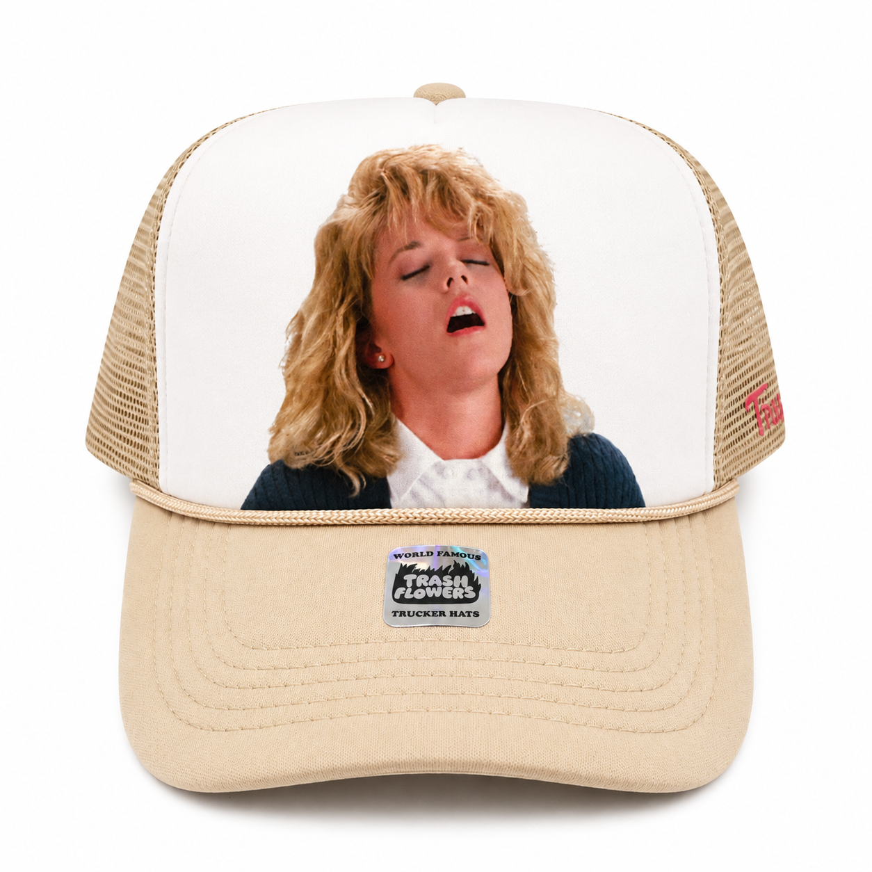 Beige trucker hat with mesh back panels featuring a photo of a woman with blonde wavy hair on the front panel