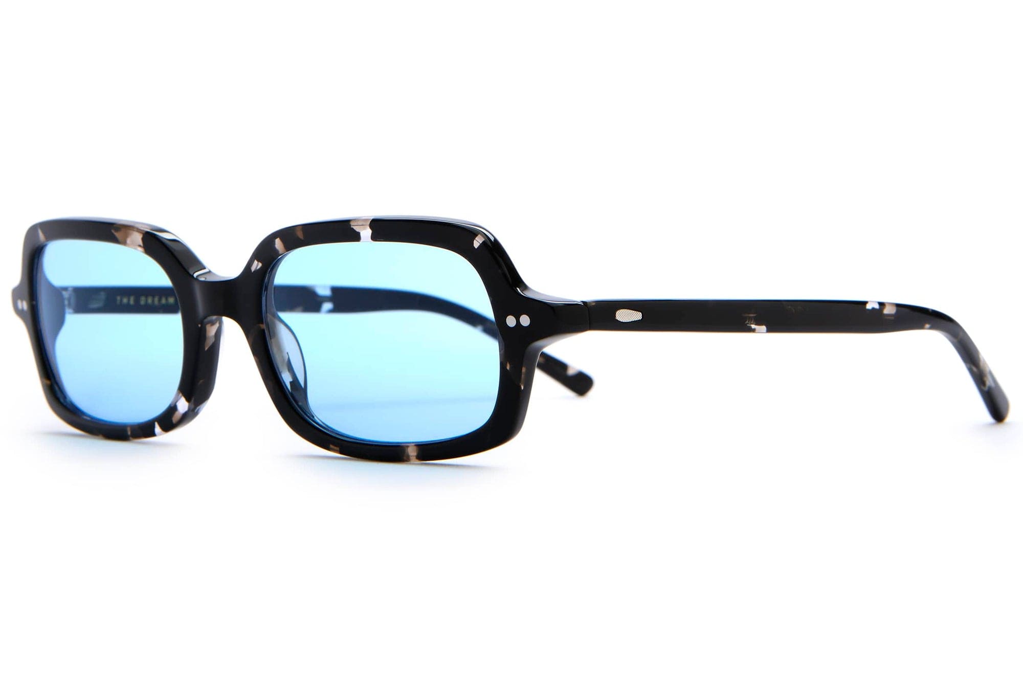Sunglasses with blue lenses and tortoiseshell frame on a white background